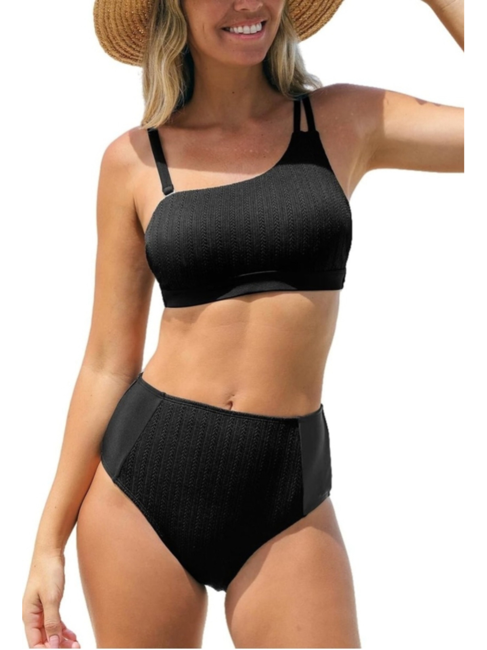 Women's CUPSHE Black Textured One-Shoulder Bikini Set M